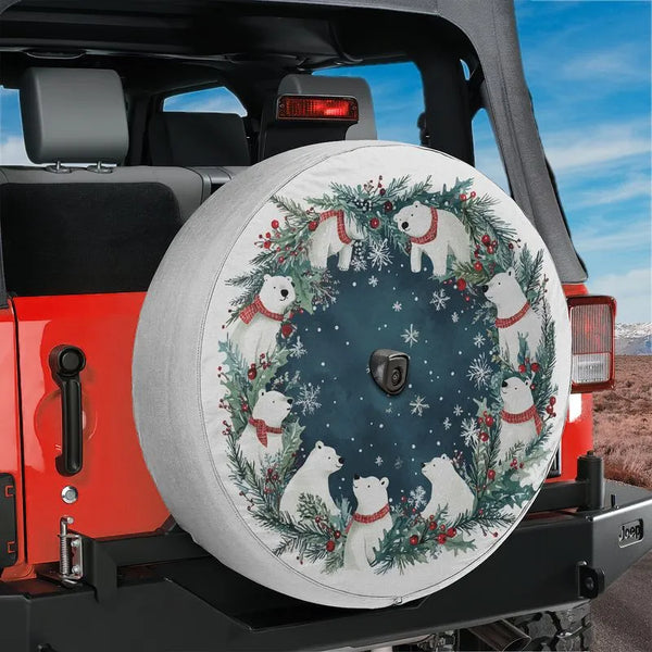 Arctic Holiday Tire Cover, Polar Bear Christmas Wreath Spare Tire Cover, Winter Xmas Spare Tire Cover, Festive SUV Jeep RV De