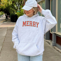 Retro Varsity Lettering Holiday Sweatshirt, Merry Christmas Hoodie, Vintage Merry Christmas Hooded Pullover, Festive Winter Xmas Present