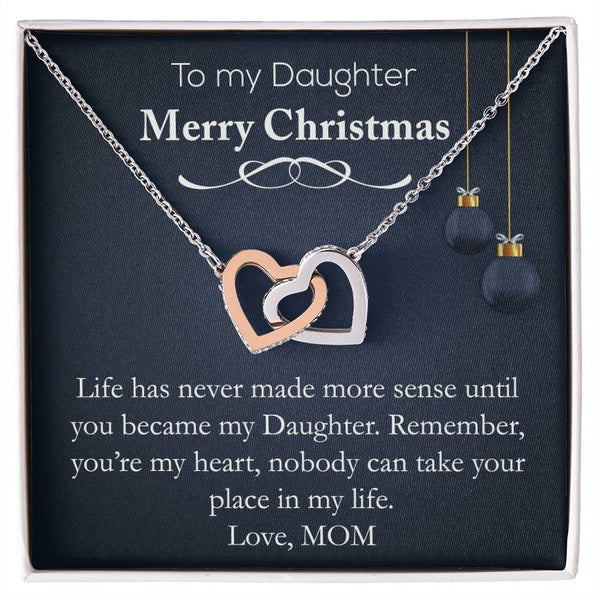 Heart Pendant with Card, Daughter Christmas Interlocking Hearts Necklace, Polished Surgical Steel Jewelry, Holiday Present fr