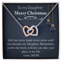 Heart Pendant with Card, Daughter Christmas Interlocking Hearts Necklace, Polished Surgical Steel Jewelry, Holiday Present from Mom to Daughter