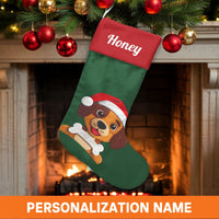 Adorable Puppy with Bone Holiday Stocking, Dog Santa Hat Christmas Stocking, Personalized Pet Xmas Stocking, Custom Dog Name Mantle Decor Present