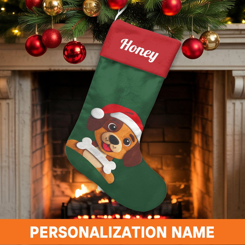 Adorable Puppy with Bone Holiday Stocking, Dog Santa Hat Christmas Stocking, Personalized Pet Xmas Stocking, Custom Dog Name Mantle Decor Present