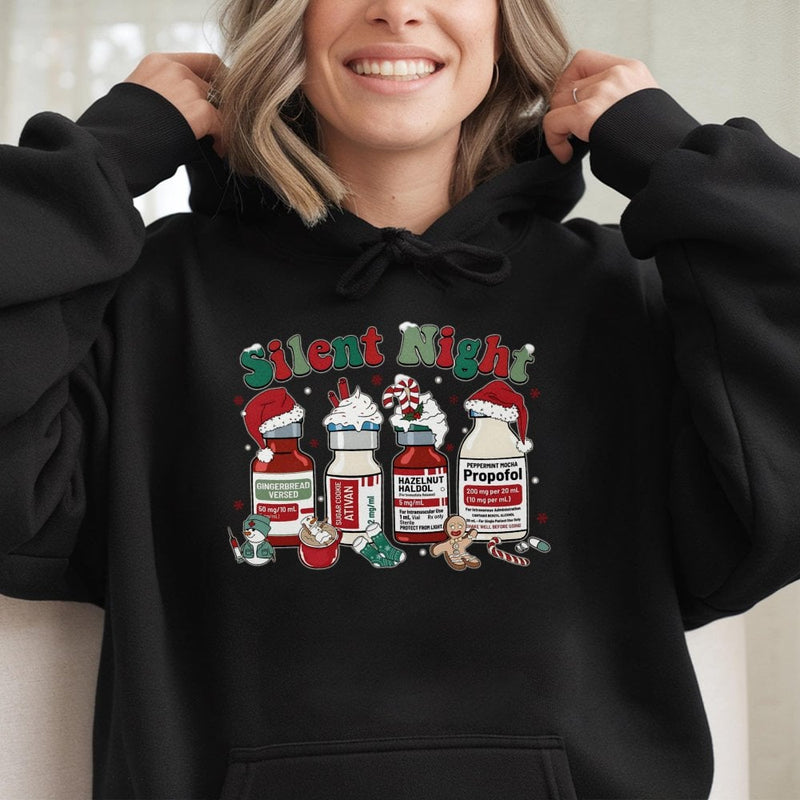 Humorous Nursing Holiday Graphic Hoodie, Silent Night Medical Nurse Hoodie, Christmas Healthcare Hooded Pullover, Nurse Life Winter Present Hoodie
