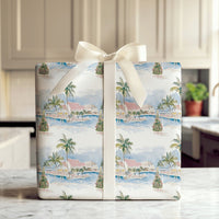 Coastal Resort Watercolor Gift Wrap, Tropical Beach Christmas Wrapping Paper, Ocean Palm Tree Wrapping Paper Roll