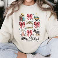 Coquette Bow Christian Christmas Sweatshirt, True Story Nativity Sweatshirt, Faith Holiday Crewneck, Religious Jesus Xmas Sweater