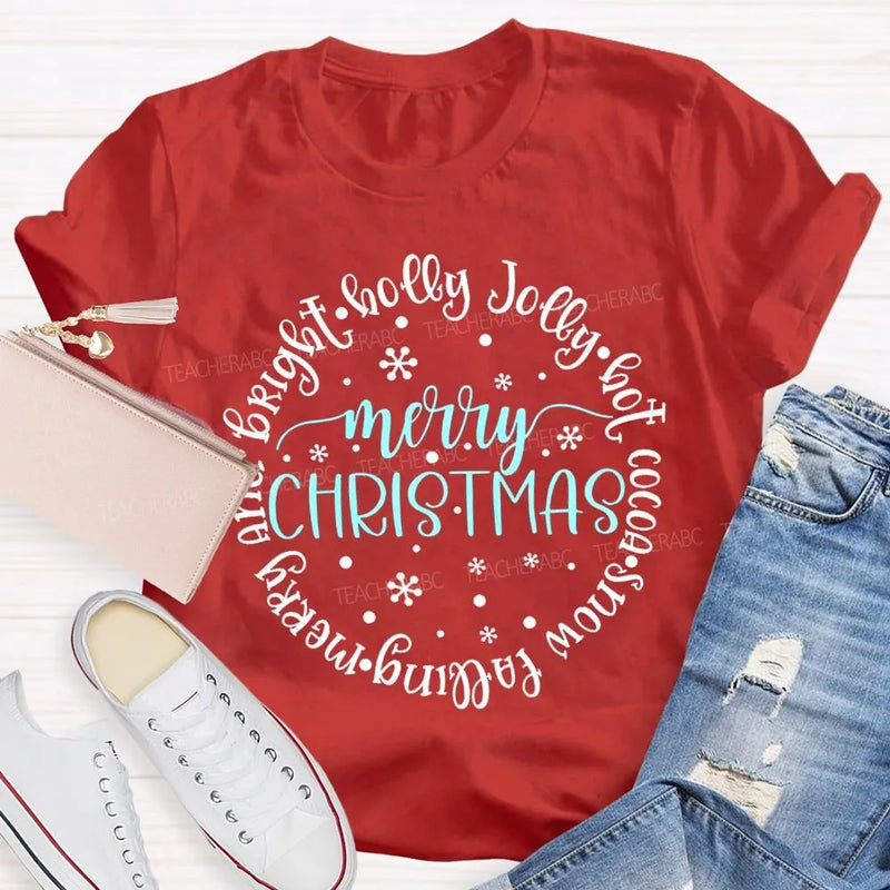 Merry and Bright Snow Falling Tee, Holly Jolly Hot Cocoa Shirt, Adorable Christmas Graphic T-Shirt, Comfy Winter Holiday Shirt, Xmas Present Tee