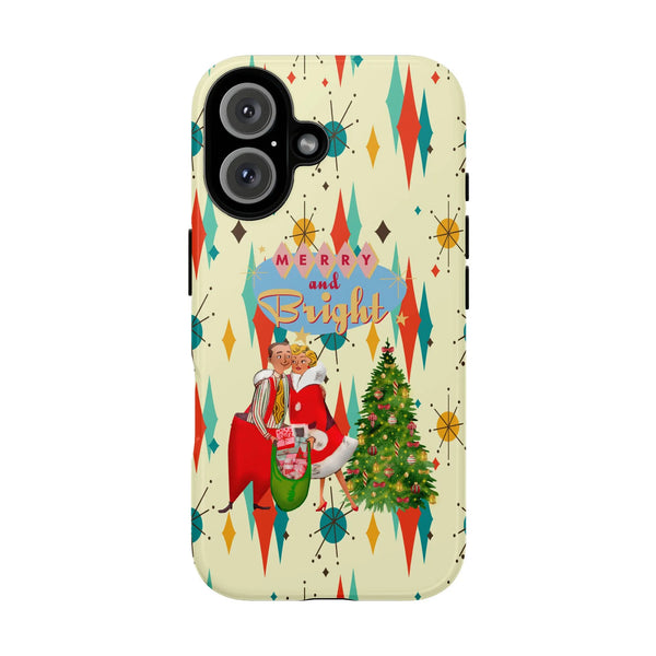 Vintage Holiday iPhone 15 Pro Max Phone Case, Retro Merry and Bright Christmas iPhone 15 Pro Max Case, Dual Layer Xmas Phone 