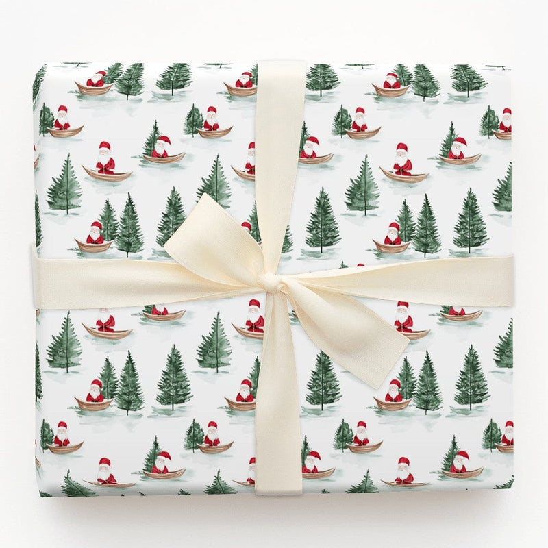 Watercolor Forest Gift Wrap, Santa in Canoe Wrapping Paper, Pine Tree Christmas Wrapping Paper, Outdoor Holiday Gift Wrap