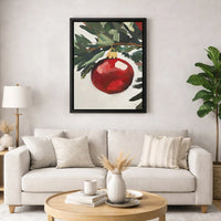 Red Bauble Pine Branch Canvas Print, Christmas Ornament Wall Art, Rustic Holiday Oil Painting Style Wall Art, Winter Festive Decor Present