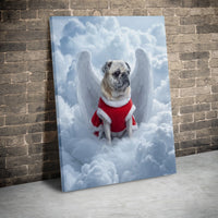 Pug with Wings on Clouds Canvas Print, Angel Pug Christmas Canvas Wall Art, Holiday Dog Canvas Painting, Festive Pet Lover Present