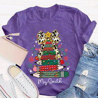 Bow and Colored Pencil Holiday Graphic Tee, Personalized Christmas Tree T-Shirt, Custom Teacher Christmas Shirt, Adorable School Holiday Tee
