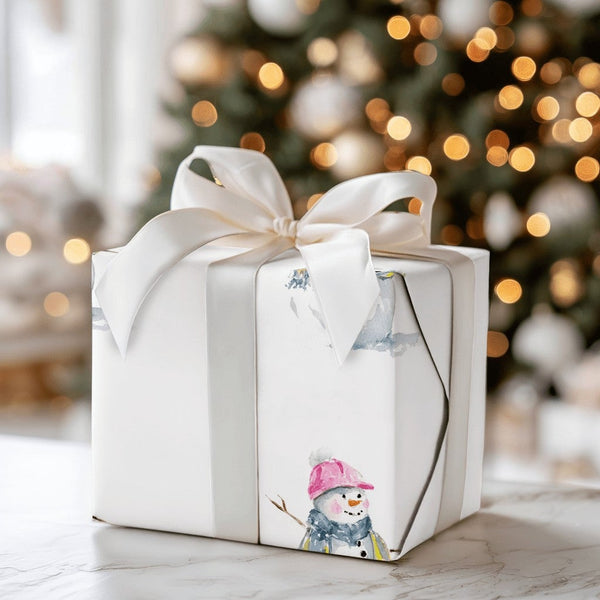 Pink Beanie Winter Gift Wrap, Watercolor Snowman Wrapping Paper, Adorable Christmas Holiday Paper, Snowman Present Wrap, Fest