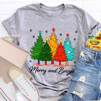 Colorful Holiday Graphic Tee, Merry and Bright Christmas Tree T-Shirt, Festive Xmas Tree Shirt, Retro Christmas Tee, Holiday Season Present