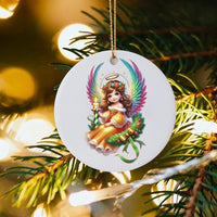 Rainbow Wings Holiday Angel Tree Ornament, Christmas Angel Ceramic Ornament, Adorable Celestial Keepsake, Festive Xmas Tree Circle Ornament