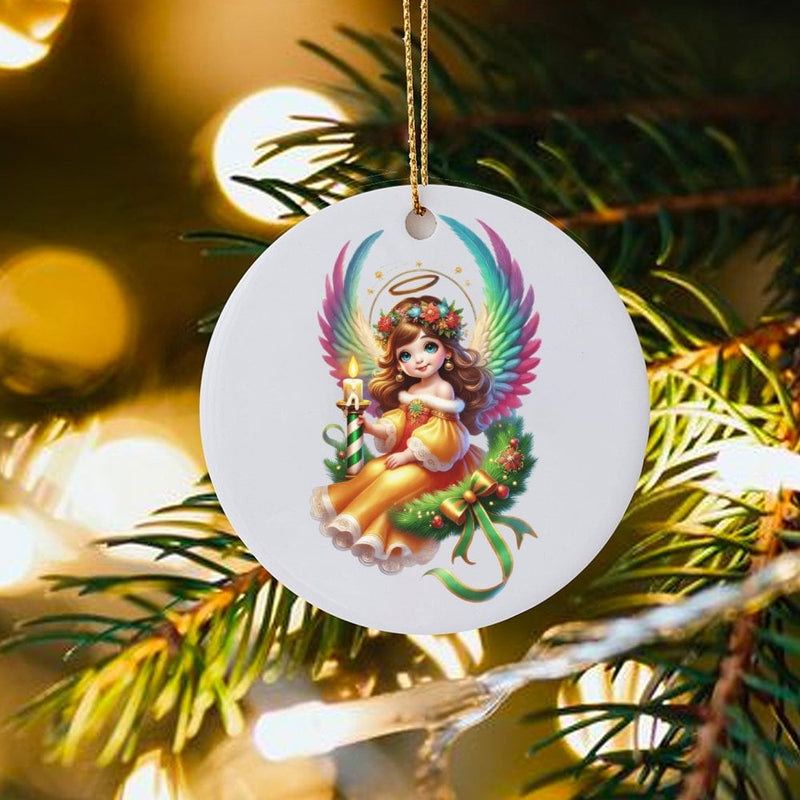 Rainbow Wings Holiday Angel Tree Ornament, Christmas Angel Ceramic Ornament, Adorable Celestial Keepsake, Festive Xmas Tree Circle Ornament
