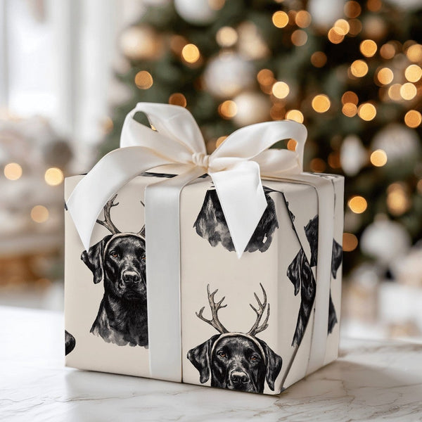 Dog Reindeer Antlers Gift Wrap, Black Labrador Christmas Wrapping Paper, Adorable Pet Holiday Wrapping Paper, Xmas Dog Lover 