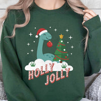Adorable Festive Dino Holiday Crewneck, Holly Jolly Dinosaur Christmas Sweatshirt, Retro Xmas Dinosaur Pullover, Winter Sweater