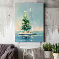 Coastal Christmas Canvas Print, Christmas Tree on Sailboat Canvas Art, Nautical Holiday Wall Decor, Sailor Boat Canvas, Coastal Xmas Present