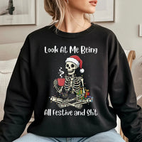 Festive Cat Lover Skeleton Sweater, Humorous Christmas Skeleton Sweatshirt, Spooky Xmas Skeleton Crewneck, Retro Winter Holiday Sweatshirt