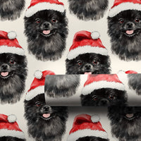 Santa Hat Dog Gift Wrap, Black Pomeranian Christmas Wrapping Paper, Festive Puppy Xmas Wrapping Paper, Dog Lover Holiday Gift Wrapping Paper