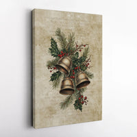 Rustic Holly Pine Holiday Print, Vintage Christmas Bells Canvas Wall Art, Seasonal Winter Home Decor, Traditional Xmas Canvas Decor Present