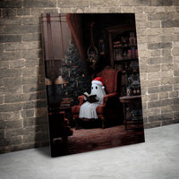 Adorable Santa Hat Ghost Wall Art, Christmas Ghost Reading Book Canvas, Comfy Holiday Canvas Print, Spooky Xmas Wall Art, Book Lover Present