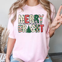 Festive Christmas Tree Typography Tee, Merry and Bright T-Shirt, Holiday Season Graphic Shirt, Xmas Winter Merry Bright T-Shirt