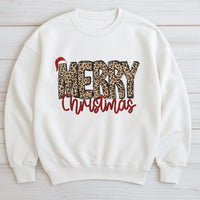 Santa Hat Holiday Crewneck, Merry Christmas Leopard Sweatshirt, Adorable Leopard Print Christmas Sweatshirt, Festive Winter Pullover Sweatshirt