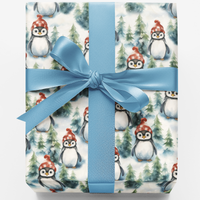Festive Christmas Bird Gift Wrap, Winter Waddle Penguin Wrapping Paper, Adorable Winter Animal Wrapping Paper, Pine Tree Holiday Gift Wrap Roll