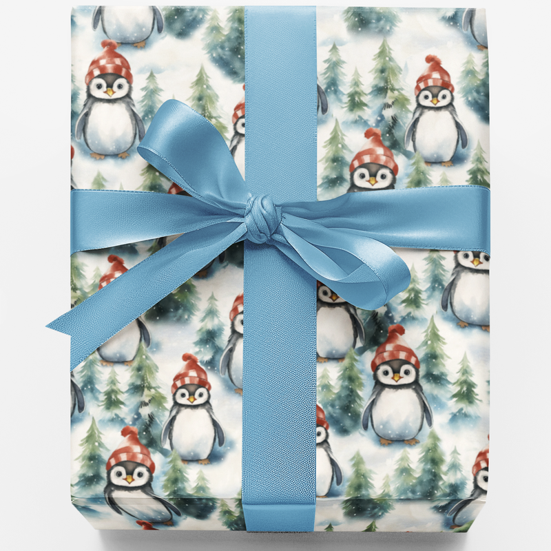 Festive Christmas Bird Gift Wrap, Winter Waddle Penguin Wrapping Paper, Adorable Winter Animal Wrapping Paper, Pine Tree Holiday Gift Wrap Roll