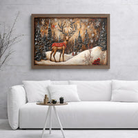 Snowy Christmas Landscape Canvas, Reindeer Winter Forest Wall Art, Rustic Holiday Wall Art, Farmhouse Xmas Print, Digital Download Art