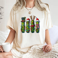 Humorous Holiday Pickle Character Shirt, Christmas Pickle T-Shirt, Adorable Xmas Lights Pickle Graphic Tee, Retro Foodie Christmas Lover T-Shirt