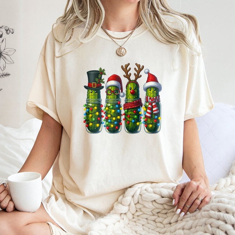 Humorous Holiday Pickle Character Shirt, Christmas Pickle T-Shirt, Adorable Xmas Lights Pickle Graphic Tee, Retro Foodie Christmas Lover T-Shirt