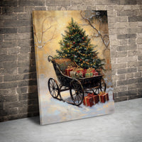 Snowy Tree and Presents Canvas Print, Vintage Christmas Sleigh Canvas Wall Art, Holiday Sleigh Wall Decor, Winter Season Festive Canvas Art