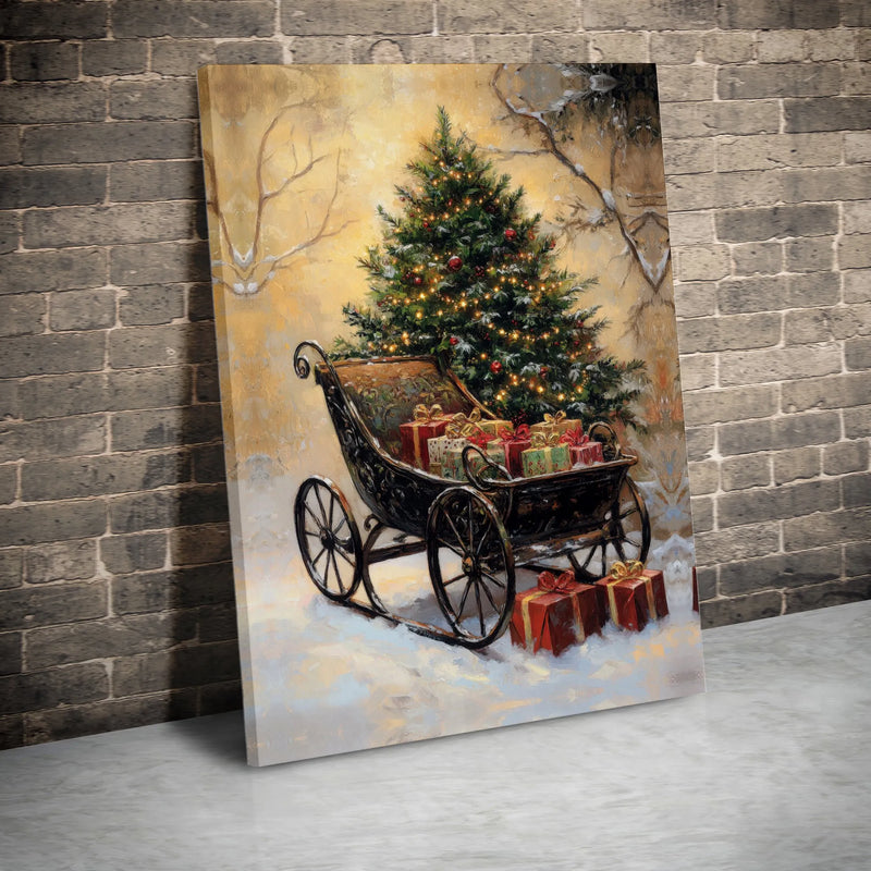 Snowy Tree and Presents Canvas Print, Vintage Christmas Sleigh Canvas Wall Art, Holiday Sleigh Wall Decor, Winter Season Festive Canvas Art