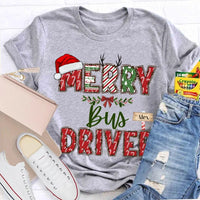 Custom Santa Hat Holiday Graphic Tee, Personalized Bus Driver Christmas T-Shirt, Merry Christmas Driver Shirt, Adorable Xmas School Bus Tee
