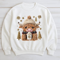 Winter Cow Coffee Sweatshirt, Highland Cow Christmas Sweatshirt, Festive Animal Holiday Sweatshirt, Xmas Cow Lover Crewneck, Winter Present