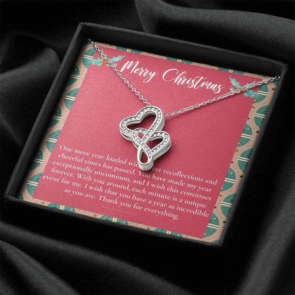 Interlocking CZ Hearts Pendant, Double Heart Necklace for Her, 14K White Gold Over Stainless Steel, Romantic Christmas Wife N