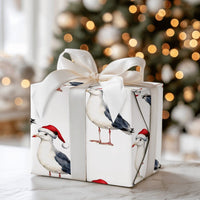 Coastal Christmas Gift Wrap, Santa Hat Seagull Wrapping Paper, Watercolor Beach Bird Present Paper, Nautical Holiday Gift Wrapping Paper