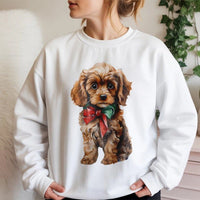 Adorable Holiday Bow Puppy Crewneck, Cavapoo Christmas Sweatshirt, Dog Lover Xmas Sweater, Comfy Winter Pet Lover Apparel Present