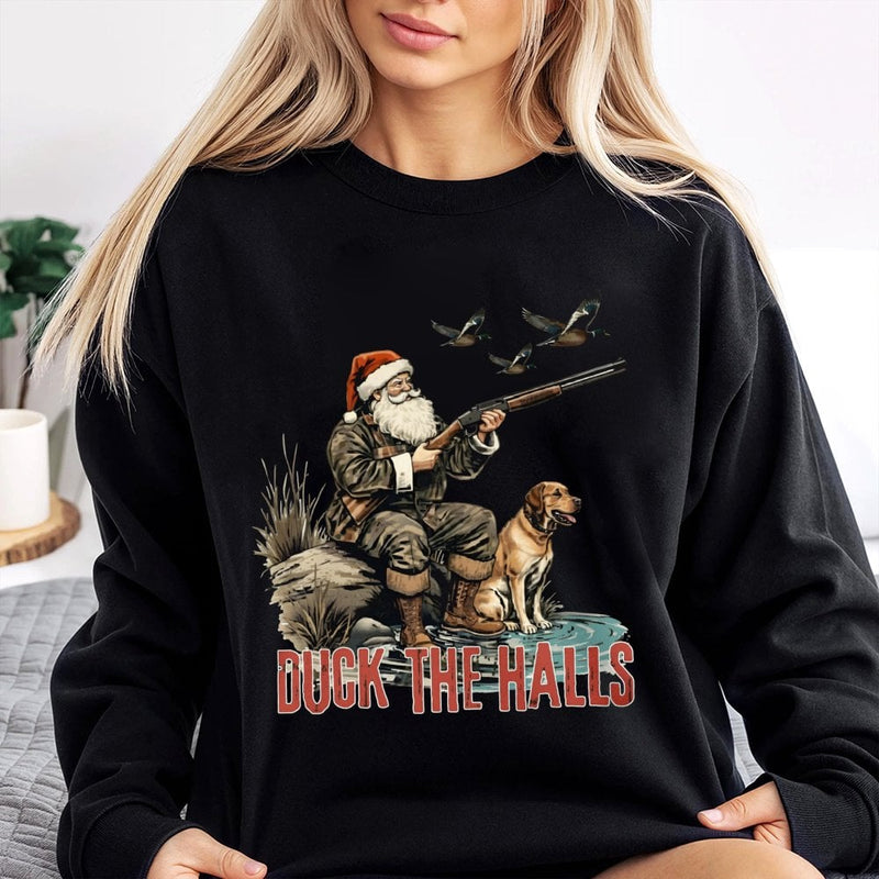 Humorous Hunting Santa Sweater, Duck the Halls Christmas Sweatshirt, Waterfowl Hunter Holiday Crewneck, Duck Hunting Xmas Present