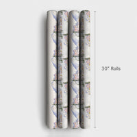 Winter Mountain Village Wrapping Paper, Pink Ski Lodge Wrapping Paper, Watercolor Alpine Holiday Gift Wrap, Christmas Wrapping Paper