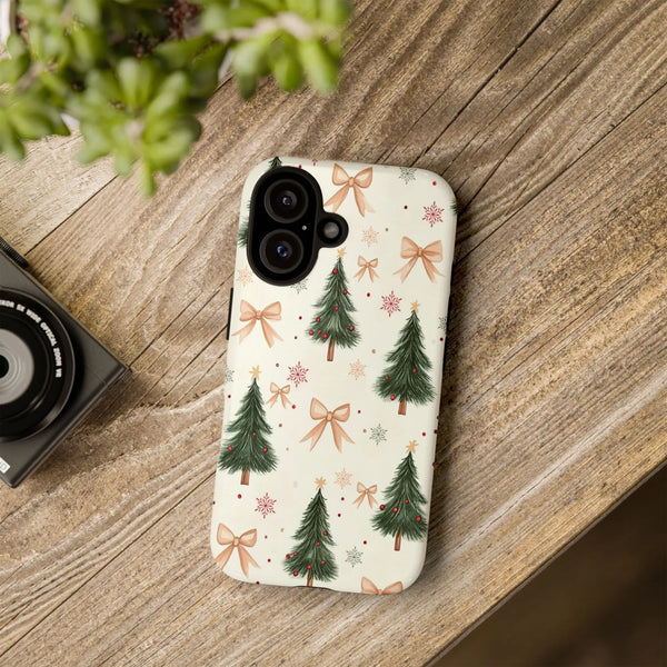 Festive Pine Trees Bows Snowflakes Cover, Christmas Tree iPhone Case, Holiday Winter Season Phone Case, Adorable Xmas Present