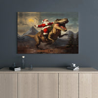 Humorous Dinosaur Christmas Wall Art, Santa Riding T-Rex Canvas Print, Humorous Santa TRex Canvas Decor, Unique Holiday Dino Present