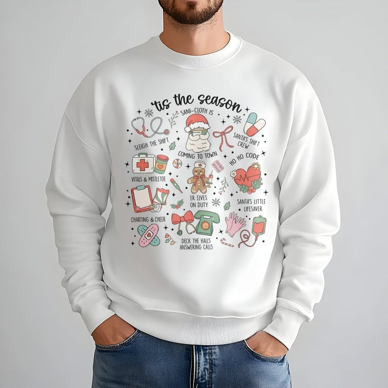 Humorous Medical Holiday Icons Crewneck, Nurse Christmas Sweatshirt, RN Hospital Staff Xmas Sweater, Healthcare Worker Holiday Pullover