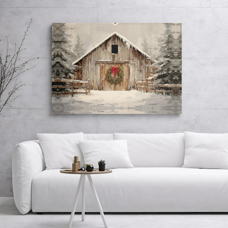 Christmas Wreath Winter Landscape Wall Art, Rustic Snowy Barn Canvas Print, Farmhouse Holiday Decor, Comfy Christmas Scene Canvas