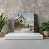 Snowy Beach House Oil Painting Canvas, Coastal Christmas Cottage Square Canvas, Coastal Christmas Wall Art, Holiday Beach Home Decor Present
