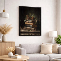 Winter Pine Cone Holly Still Life Print, Rustic Vintage Book Stack Canvas Art, Comfy Christmas Wall Decor, Bookish Holiday Canvas Present