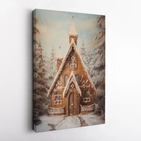 Christmas Gingerbread Wall Art, Gingerbread Church Canvas Art, Winter Gingerbread Canvas, Snowy Forest Print, Comfy Holiday Decor Present