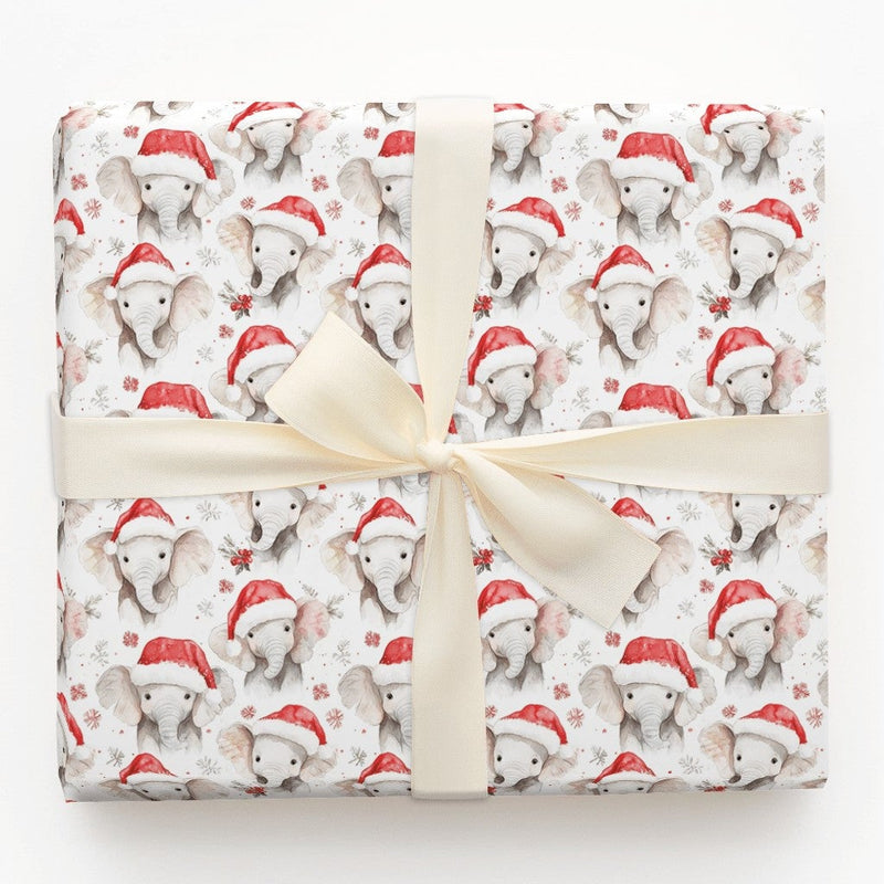 Watercolor Santa Hat Elephant Gift Wrap, Adorable Baby Elephant Wrapping Paper, Christmas Elephant Wrapping Paper, Holiday Animal Present Wrap